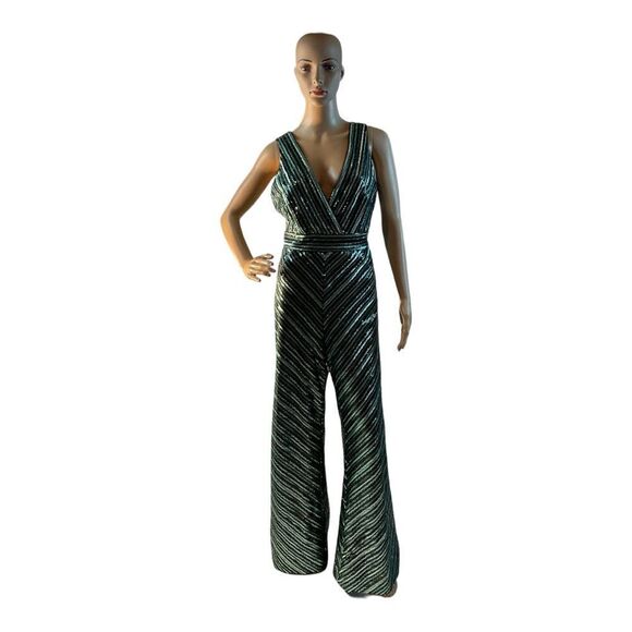 Theia Women Mint Chocolate Chip Striped Green Sequin Wide Leg V-Neck Jumpsuit 10 - Picture 1 of 16